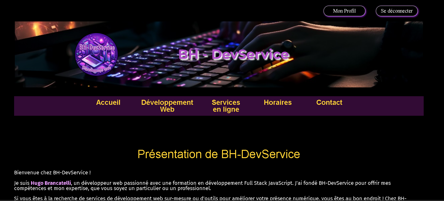 Capture de la page d'accueil de BH-DevService